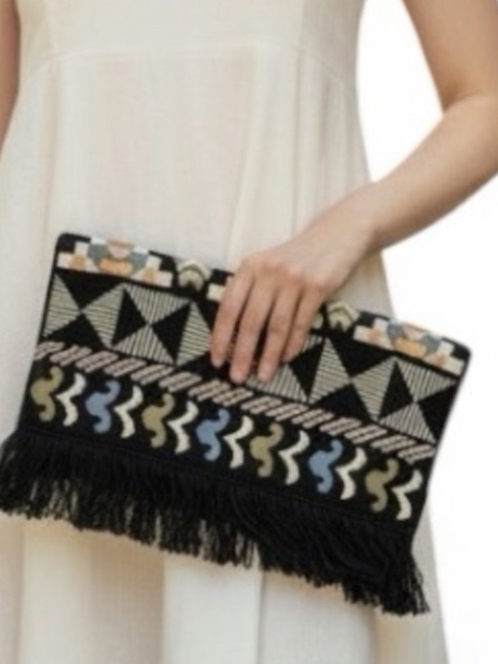 STELLA & Dot Taj Fabric Clutch in Aztec Print with Fringe